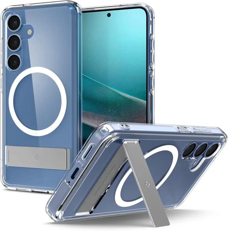 Ultra Hybrid S MagFit - Hoesje Geschikt voor Samsung Galaxy S25 - Compatibel met MagSafe en Qi2 - Back Cover met Air Cushion - Uitklapbare Standaard by Spigen in White – product photo