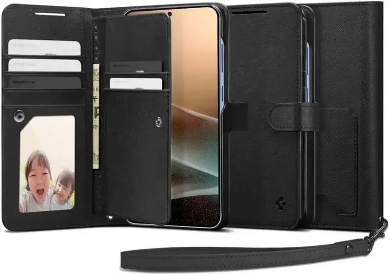 Wallet S Plus Book Case Portemonnee - Hoesje met ruimte voor Pasjes - Geschikt voor de Samsung Galaxy S25 Plus von Spigen in Schwarz – Produktfoto