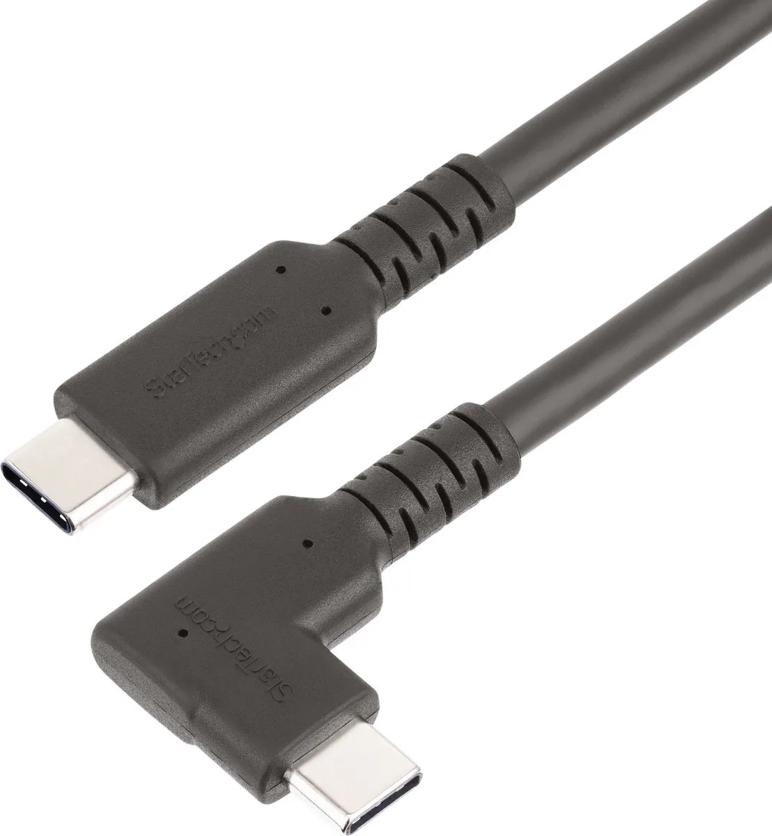 StarTech.com 50cm Haakse USB-C Kabel, Rugged, USB 3.2 Gen 2 (10 Gbps), USB C naar C Data transfer Kabel met Rechte Hoek, 4K 60Hz DP Alt Mode, 100W Power Delivery, USB Type-C Kabel från StarTech.com i Svart – produktbild