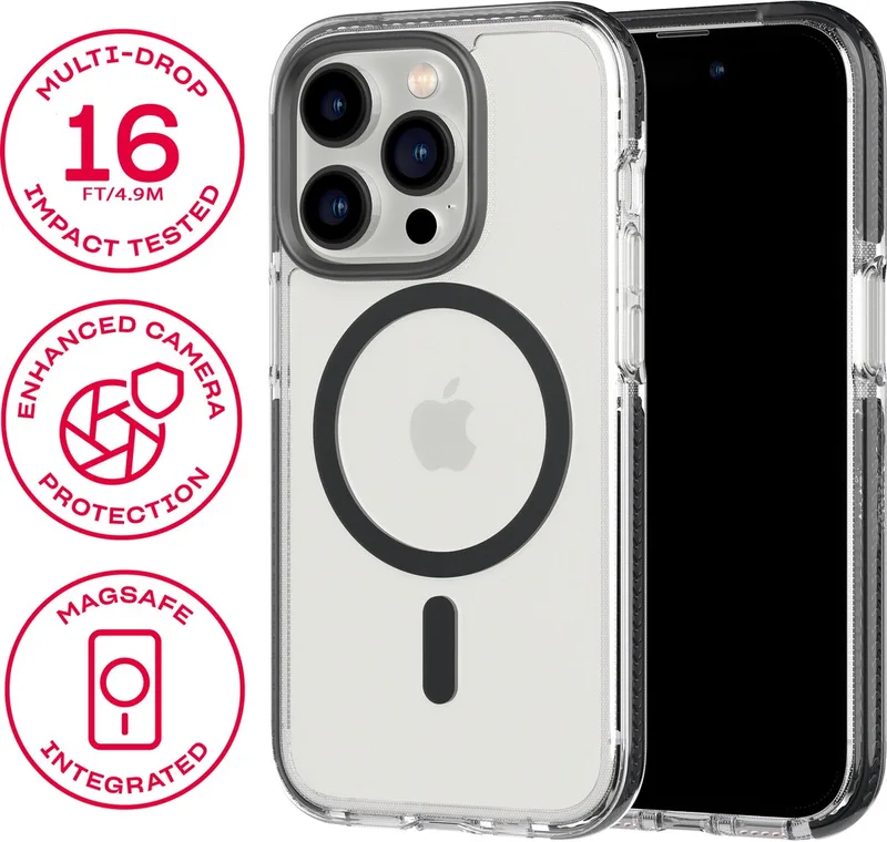 Evo Crystal - iPhone 14 Pro hoesje - Schokbestendig telefoonhoesje - Geschikt voor MagSafe - Transparant/Zwart - 4,9 meter valbestendig - Flexshock från Tech21 i Transparant Zwart – produktbild