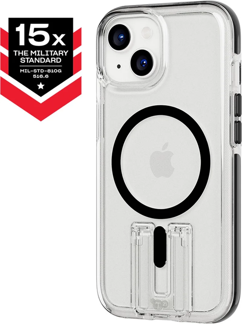 Evo Crystal Kick - iPhone 15 hoesje - Schokbestendig telefoonhoesje - Geschikt voor MagSafe - Transparant/Zwart - 4,9 meter valbestendig - Flexshock van Tech21 in Transparant Zwart – productfoto
