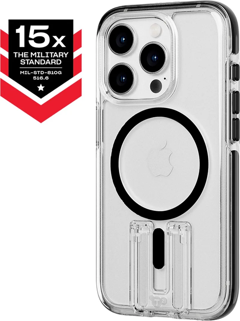 Evo Crystal Kick - iPhone 15 Pro hoesje - Schokbestendig telefoonhoesje - Geschikt voor MagSafe - Transparant/Zwart - 4,9 meter valbestendig - Flexshock van Tech21 in Transparant Zwart – productfoto