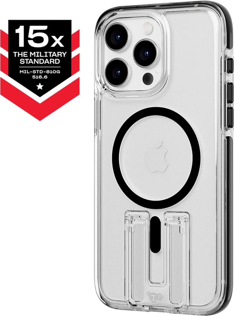 Evo Crystal Kick - iPhone 15 Pro Max hoesje - Schokbestendig telefoonhoesje - Geschikt voor MagSafe - Transparant/Zwart - 4,9 meter valbestendig - Flexshock by Tech21 in Transparant Zwart – product photo