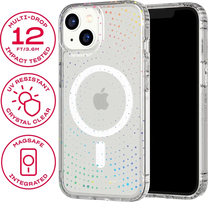 Evo Sparkle - iPhone 14/iPhone 16e hoesje - Schokbestendig telefoonhoesje - Geschikt voor MagSafe - Holografisch Glitter - 3,6 meter valbestendig by Tech21 in Transparant Glitter – product photo