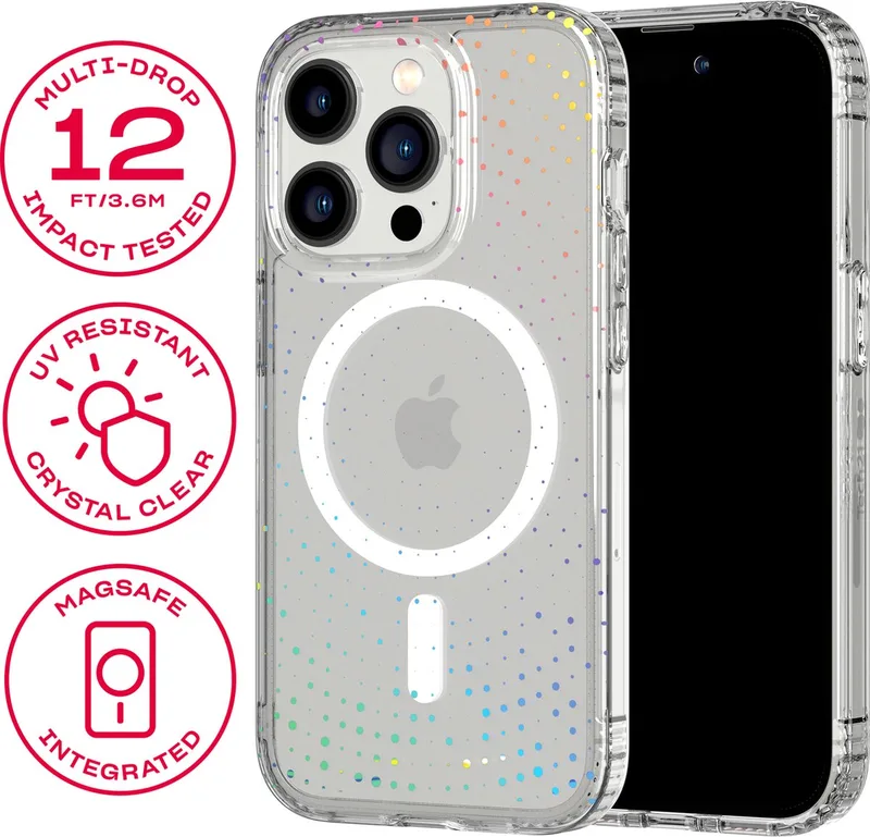 Evo Sparkle - iPhone 14 Pro hoesje - Schokbestendig telefoonhoesje - Geschikt voor MagSafe - Holografisch Glitter - 3,6 meter valbestendig by Tech21 in Transparant Glitter – product photo