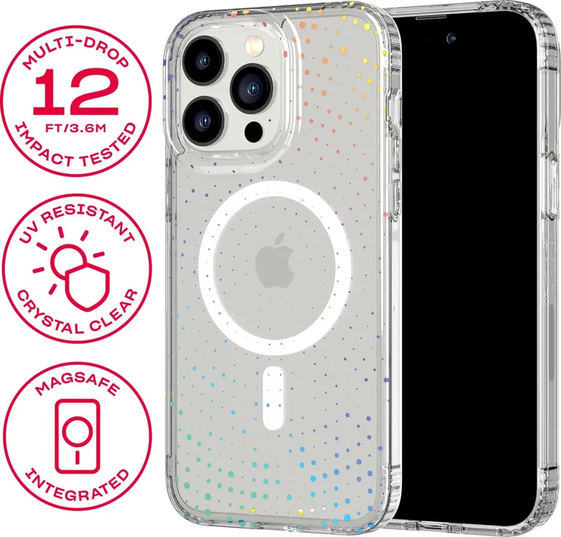 Evo Sparkle - iPhone 14 Pro Max hoesje - Schokbestendig telefoonhoesje - Geschikt voor MagSafe - Holografisch Glitter - 3,6 meter valbestendig de Tech21 en Transparant Glitter – photo produit