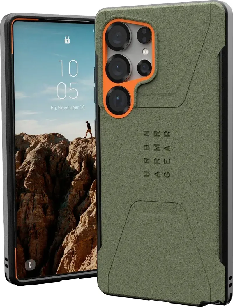 Civilian Backcover Samsung Galaxy S25 Ultra Olijf, Oranje Inductieve lading, Stootbestendig von UAG in Olijf, Orange – Produktfoto