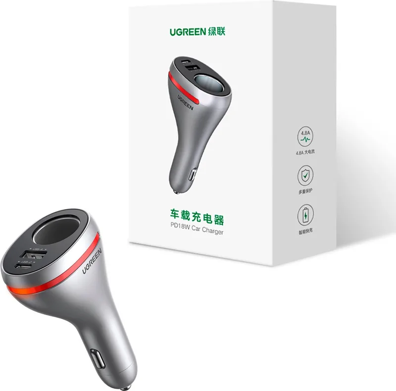 autolader - USB Type C / USB QC PD 24W met 12V sigarettenaansteker in de auto - (CD204) by UGREEN in Silver – product photo