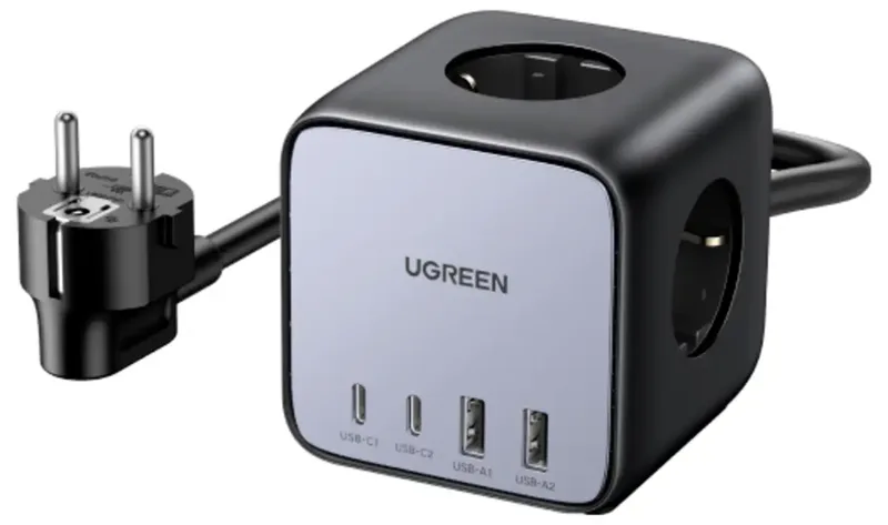 DigiNest Cube USB-oplader 65 W Randaarde stopcontact, 2x USB-A, 2x USB-C USB PD 2.0, USB PD 3.0, PPS, QC 2.0, QC 3.0, QC 4+, Adaptive Fast Charge van UGREEN in Grijs – productfoto