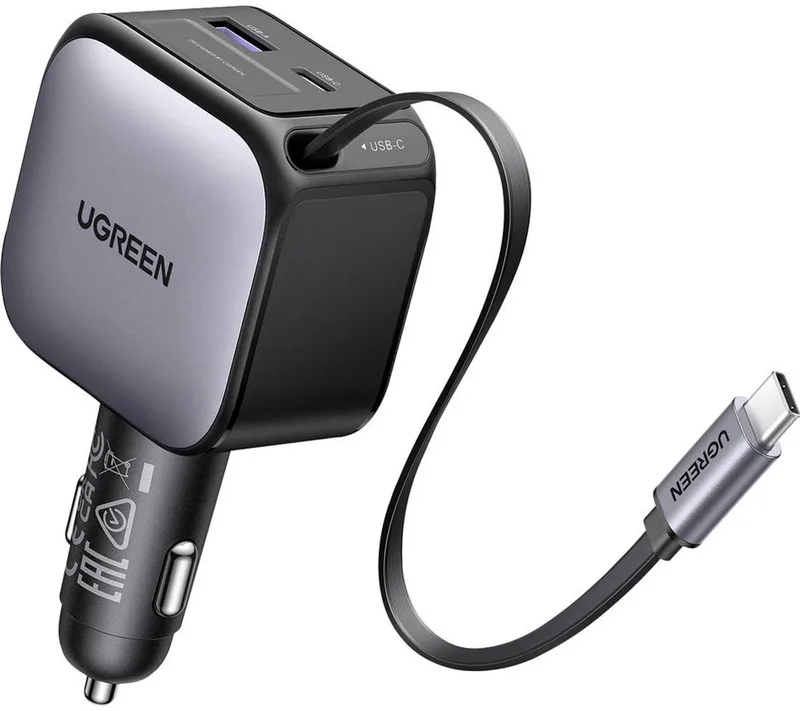 EC602 60W Car Charger Autolader 60 W 2x USB-C, 1x USB-A QC 3.0, USB PD 3.0 Auto, Vrachtwagen Opwikkelbare de UGREEN en Gris – photo produit