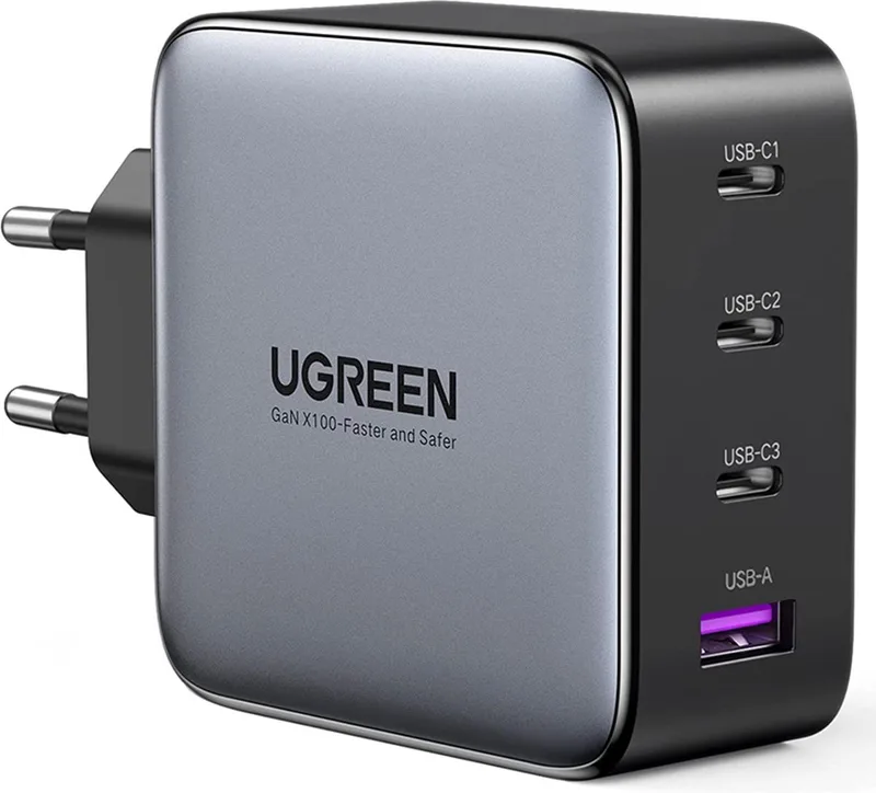 Gan 3X Usb Type C Oplader Voor Telefoons Laptop 100W Vermogen van UGREEN in Grijs – productfoto