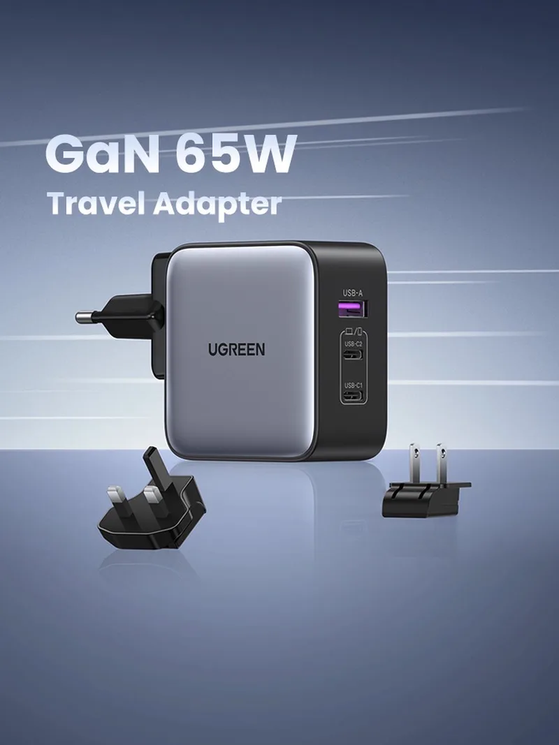 GaN Reislader 65W Snellader Universele Wereldstekker EU/VS van UGREEN in Zwart – productfoto