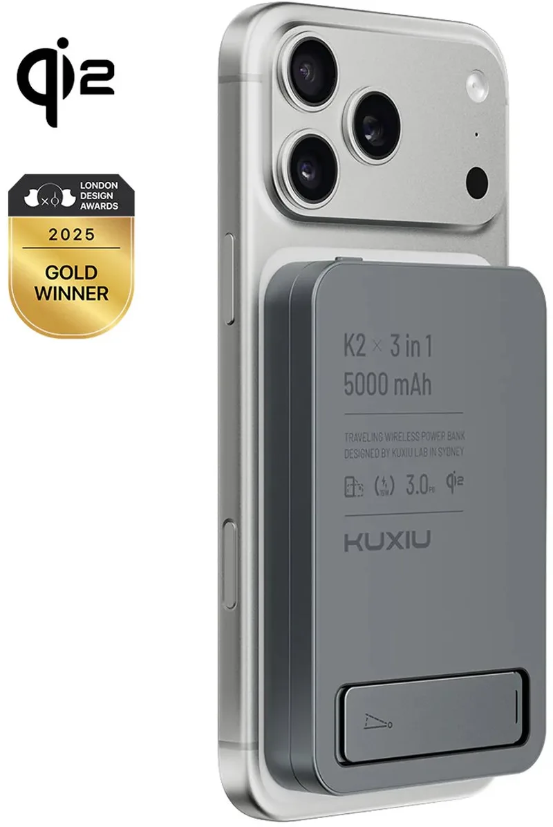 KUXIU K2 Qi2 15W Fast Charging 3-in-1 MagSafe Power Bank - Gray von UGREEN in Grau – Produktfoto