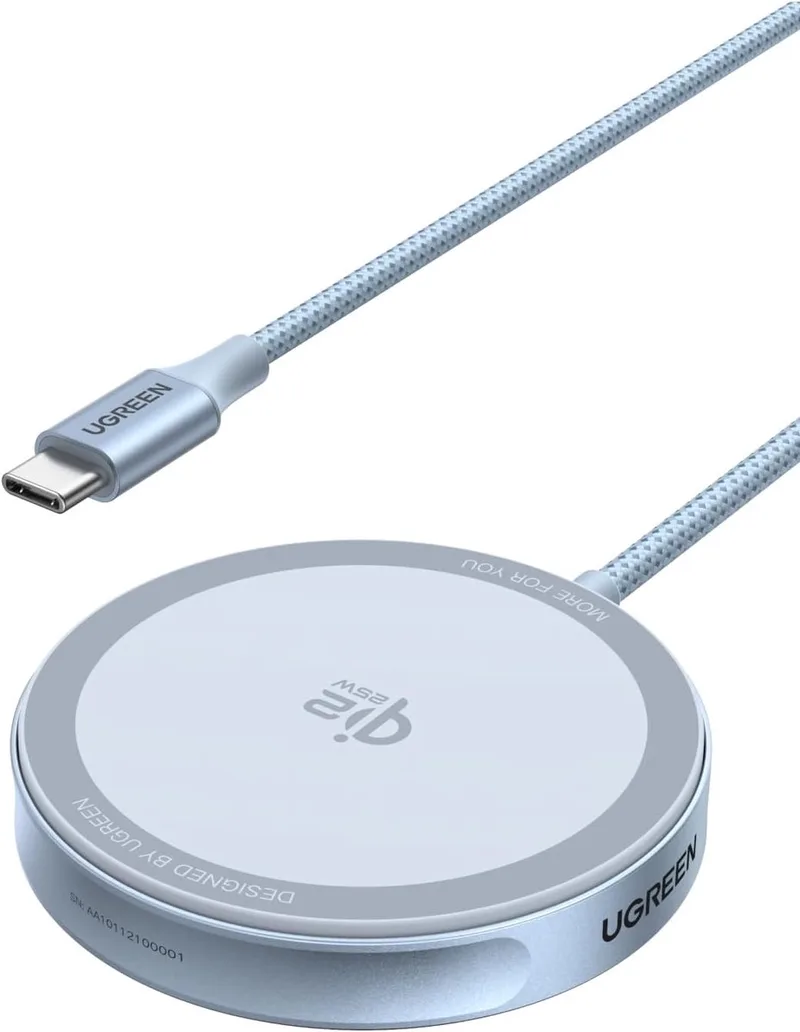 MagFlow Magnetische Draadloze Oplader 25W, Qi2-gecertificeerd draadloos oplaadstation compatibel met MagSafe voor iPhone 17/16-serie & AirPods, met 1,5m gevlochten kabel by UGREEN in Grey – product photo