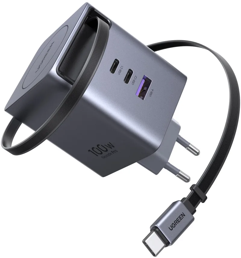 Nexode 100W USB C-Charger met intrekbare kabel, 4-poorts GaN-lader retractable oplader met oplaadkabel voor laptop, compatibel met MacBook Pro/Air, Galaxy S-A-serie, iPhone 16-8-serie, iPads de UGREEN en Donker Grijs – photo produit