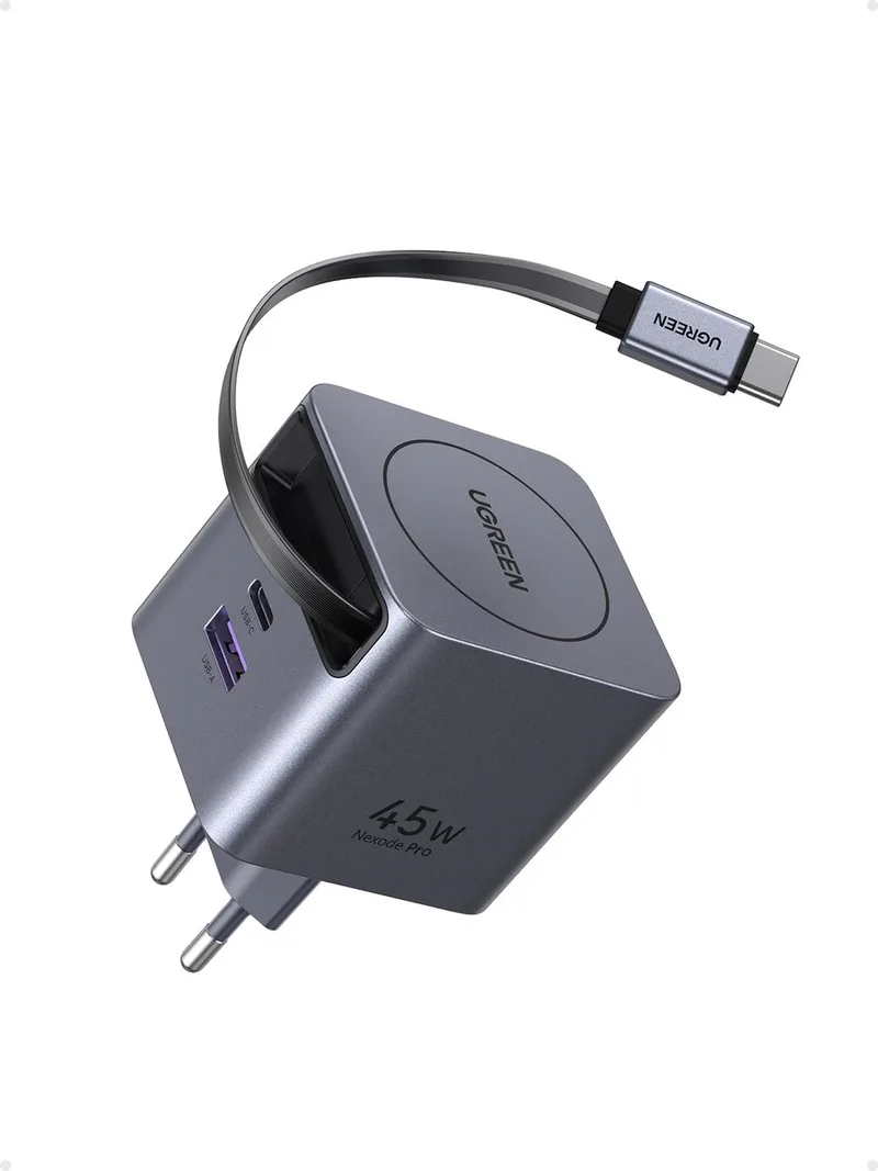 Nexode 45W USB C-Charger met intrekbare kabel GaN-snellader 3-poorts oplader PPS 25W-lader compatibel met Galaxy S25, S24, A15, iPhone 16-8-serie, iPads, MacBook Air by UGREEN in Donker Grijs – product photo