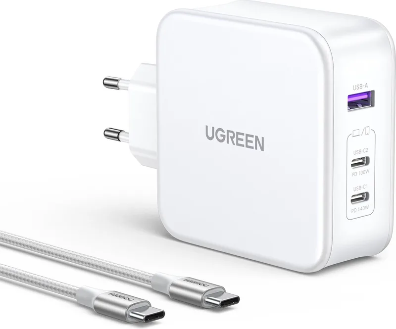 Nexode - CD289 GaN netwerklader USB-A/2xUSB-C 140W + USB-C - USB-C kabel 1,5m från UGREEN i Vit – produktbild