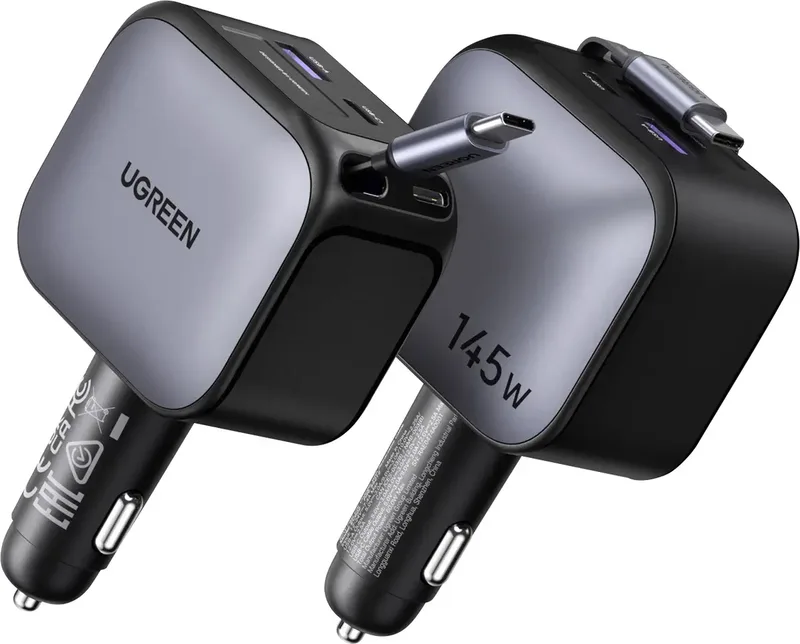 Nexode EC604 145W Car Charger Autolader 145 W 3x USB-C, 1x USB-A QC 4+, USB PD 3.0 Auto, Vrachtwagen Opwikkelbare USB-C-kabel by UGREEN in Grey – product photo