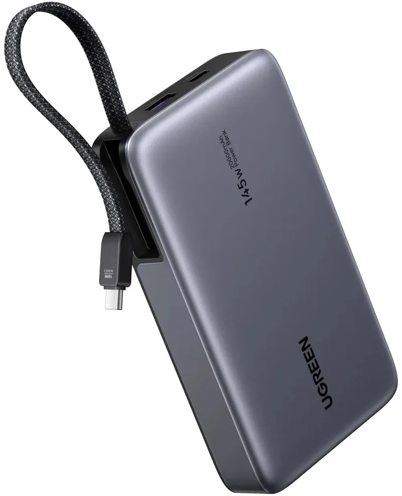 Nexode Power Bank, 20000mAh 145W snel opladen met geïntegreerde USB-C-kabel, externe mobiele telefoonaccu's compatibel met laptop, Galaxy S25, iPhone 16/15-serie, Dell en meer van UGREEN in Grijs – productfoto