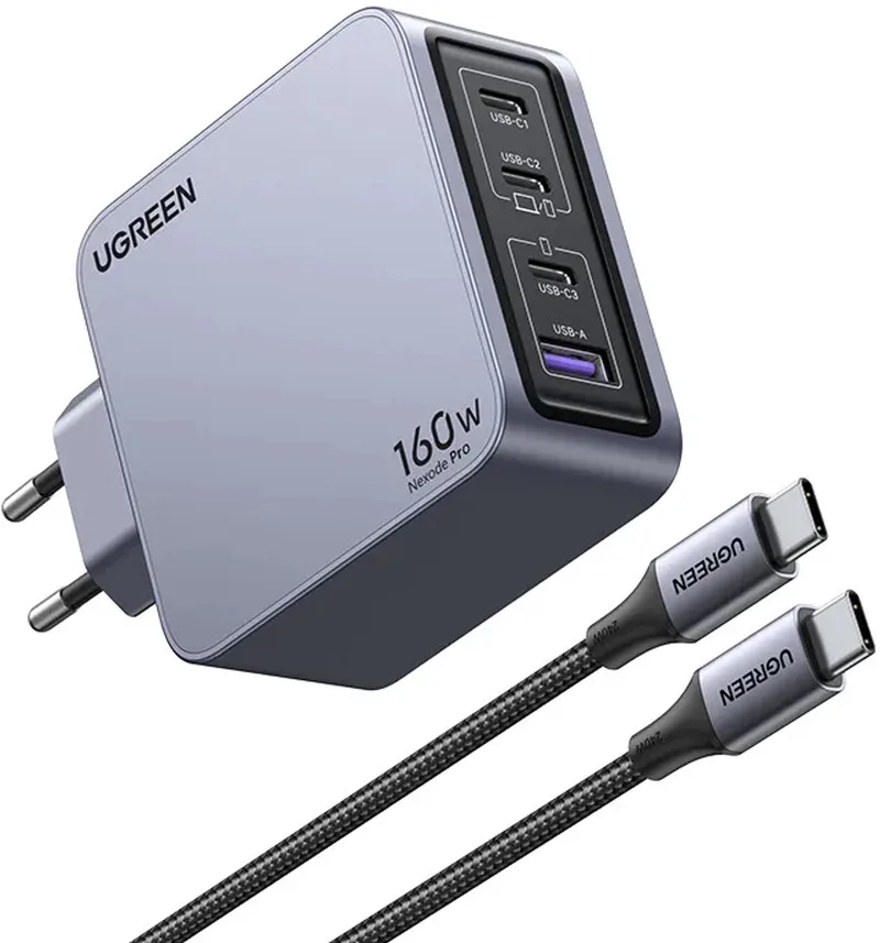 Nexode Pro 160W GaN Charger with USB-C Cable Universeel Zwart, Grijs AC Snel opladen Binnen by UGREEN in Grey – product photo