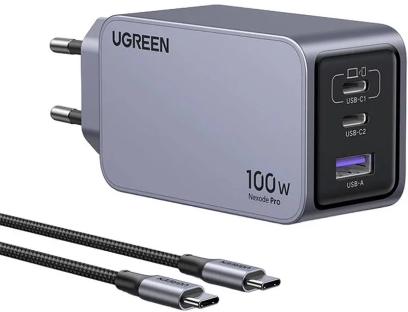 Nexode Pro EU 3-Port GaN PD Fast Charger With USB-C Cable Universeel Zwart, Grijs AC Snel opladen Binnen by UGREEN in Transparent – product photo
