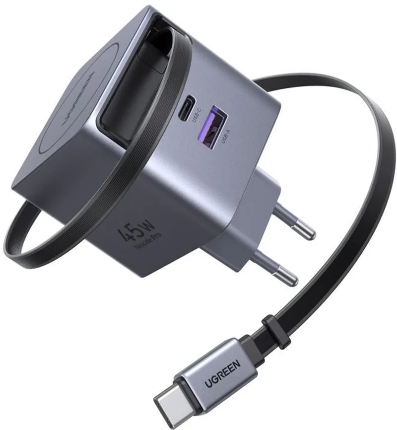 Oplader met Uittrekbare kabel - 65W - USB-A en USB-C - Uitschuifbaar van UGREEN in Grijs – productfoto