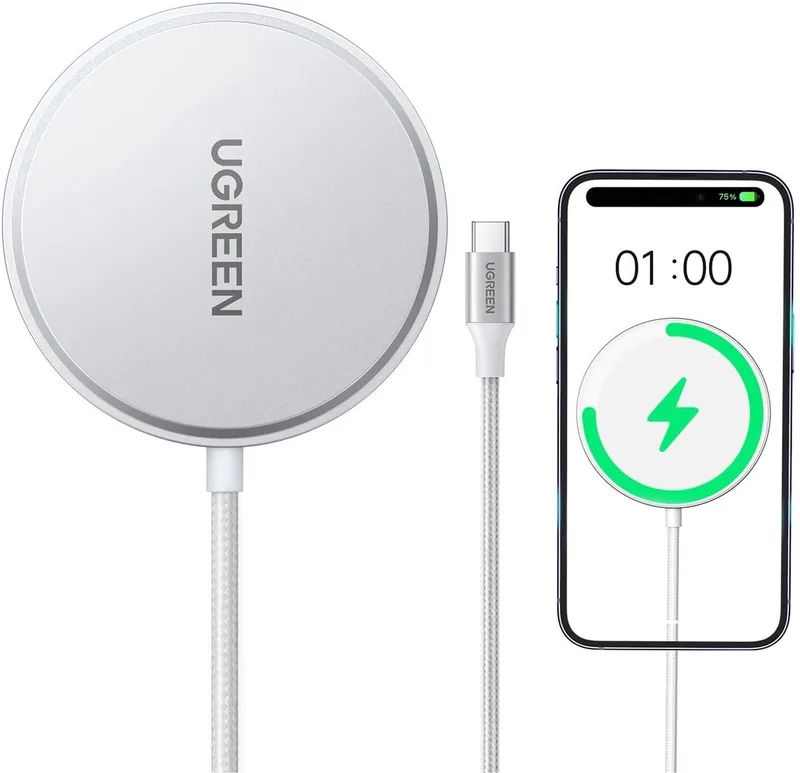 Qi2 15W Draadloze Magnetische Oplader - Compatibel met MagSafe - 1.5M Gevlochten USB-C Kabel by UGREEN in White – product photo