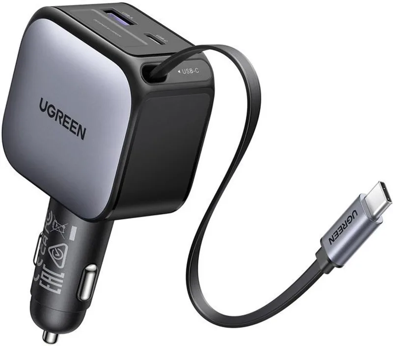 UGREEN 3-in-1 sigarettenaansteker 90W intrekbare autolader 60W ingebouwde USB-C-kabel Auto-accessoires 12V autoadapter voor iPhone 17/16, Macbook, Galaxy S25/24, GPS etc. fra UGREEN i Donker Grijs – produktbillede