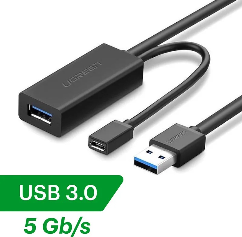 USB 3.0 verlengkabel 5 meter USB 3.0 naar USB 3.0 met Micro USB stroomtoevoer - Extension cable voor Laptops en desktop computer - 5m van UGREEN in Zwart – productfoto