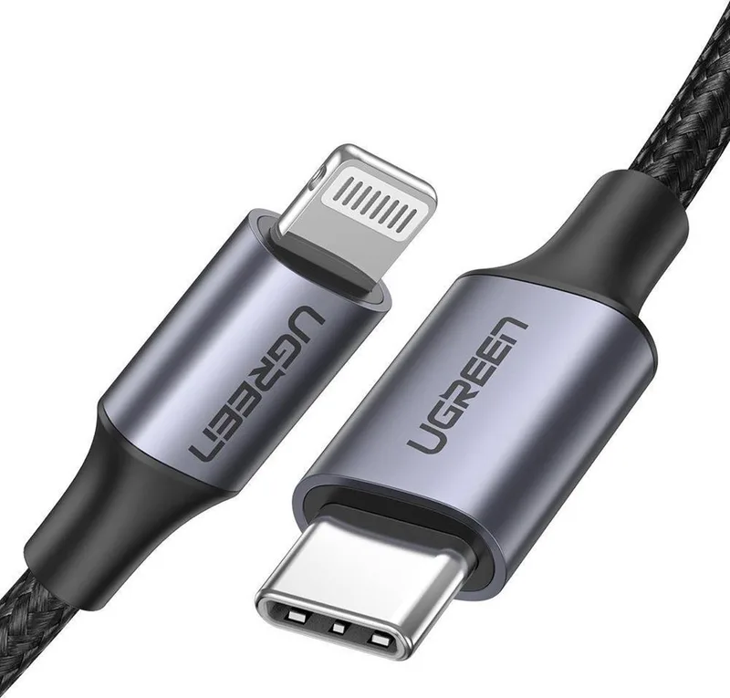 USB C Lightning Kabel MFi Gecertificeerd Nylon PD Oplader Cable Voor iPhone 12/12 Mini/ 12 Pro/ 12 Pro Max/SE/ 11/11 Pro/X/XR/XS MAX/ 8/8 Plus, enz. (1Meter) fra UGREEN i Zwart-zilver – produktbillede