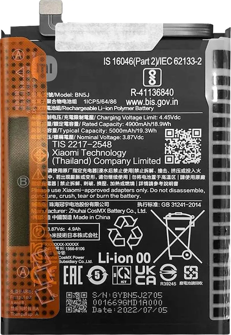 Originele batterij 5000mAh p. Xiaomi Poco X5 - model BN5J fra Xiaomi i Sort – produktbillede