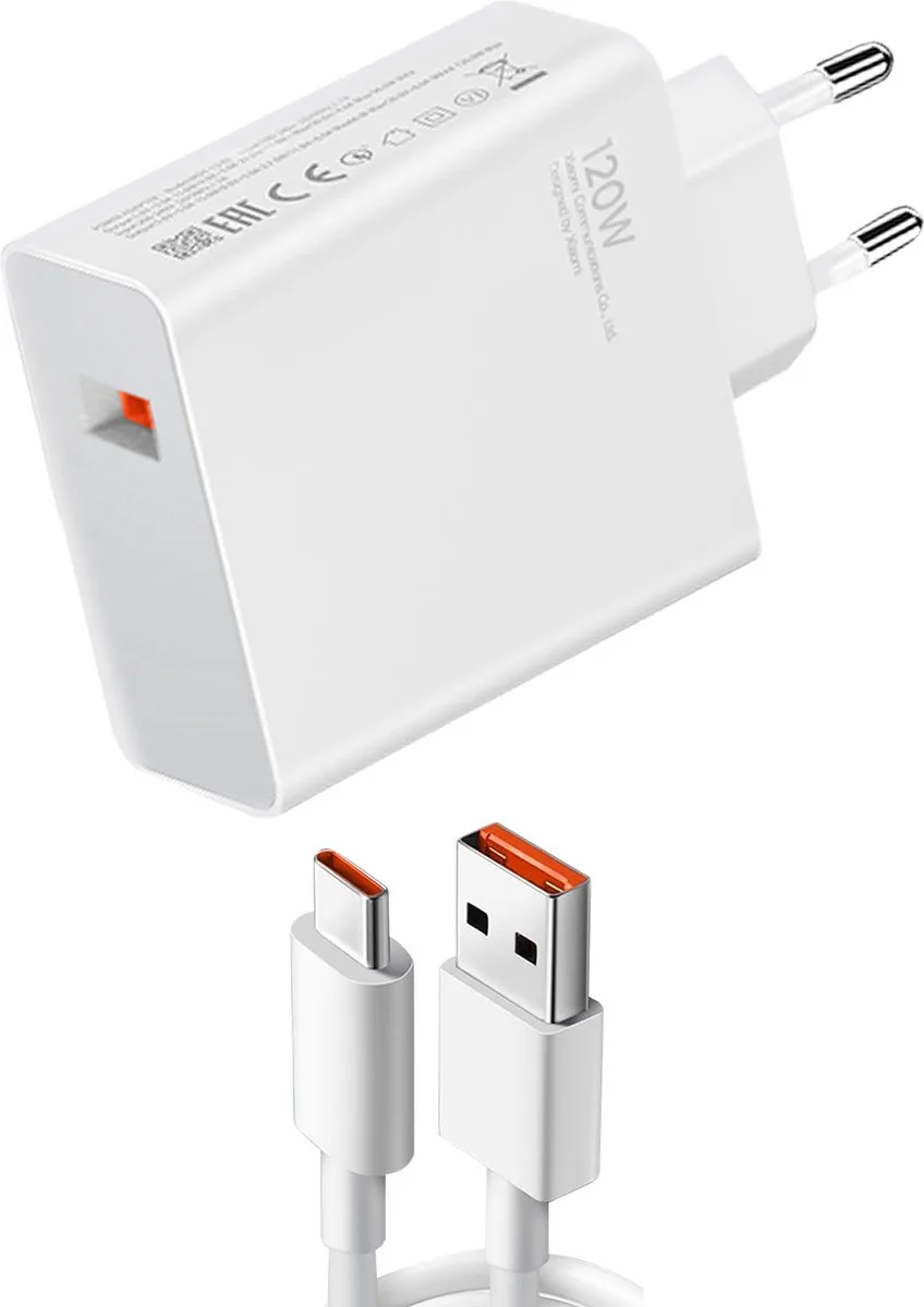 Originele power adapter met USB-C kabel - oplader - USB-A poort + USB-A naar USB-C kabel - 120 Watt fra Xiaomi i Hvid – produktbillede