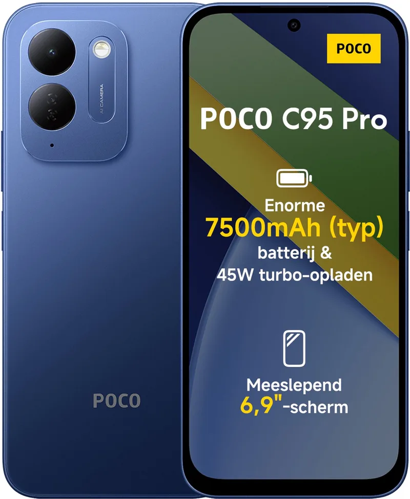 POCO C95 Pro - 6GB RAM - 128GB - 7500mAh batterij met 45W turbo-opladen - Aangedreven door 45W turbo-opladen - Meeslepend 6.9" display by Xiaomi in Blue – product photo