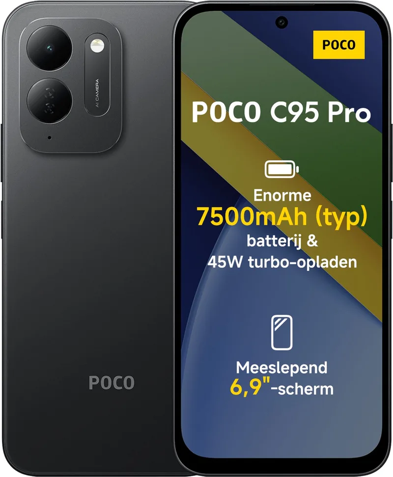 POCO C95 Pro - 6GB RAM - 128GB - 7500mAh batterij met 45W turbo-opladen - Aangedreven door 45W turbo-opladen - Meeslepend 6.9" display by Xiaomi in Black – product photo
