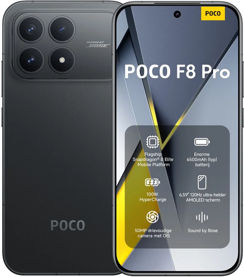 POCO F8 Pro - 12 GB RAM - 256 GB - Flagship Snapdragon® 8 Elite Mobile Platform - Enorme 6210 mAh (typ) batterij - 50 MP drievoudige camera met OIS fra Xiaomi i Sort – produktbillede