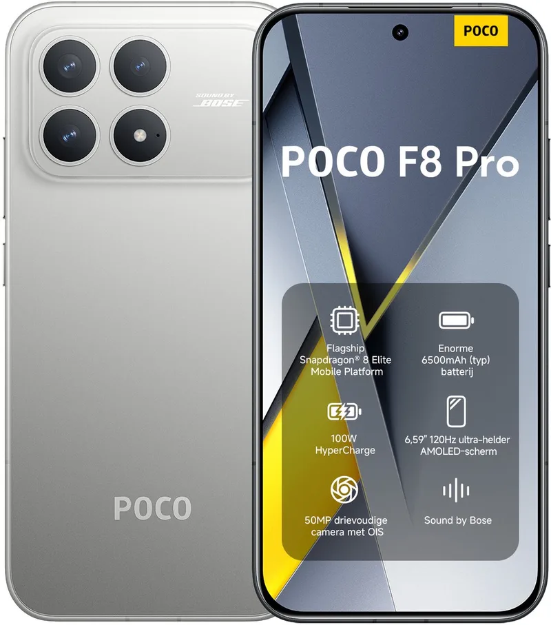 POCO F8 Pro - 12 GB RAM - 512 GB - Flagship Snapdragon® 8 Elite Mobile Platform - Enorme 6210 mAh (typ) batterij - 50 MP drievoudige camera met OIS by Xiaomi in Silver – product photo