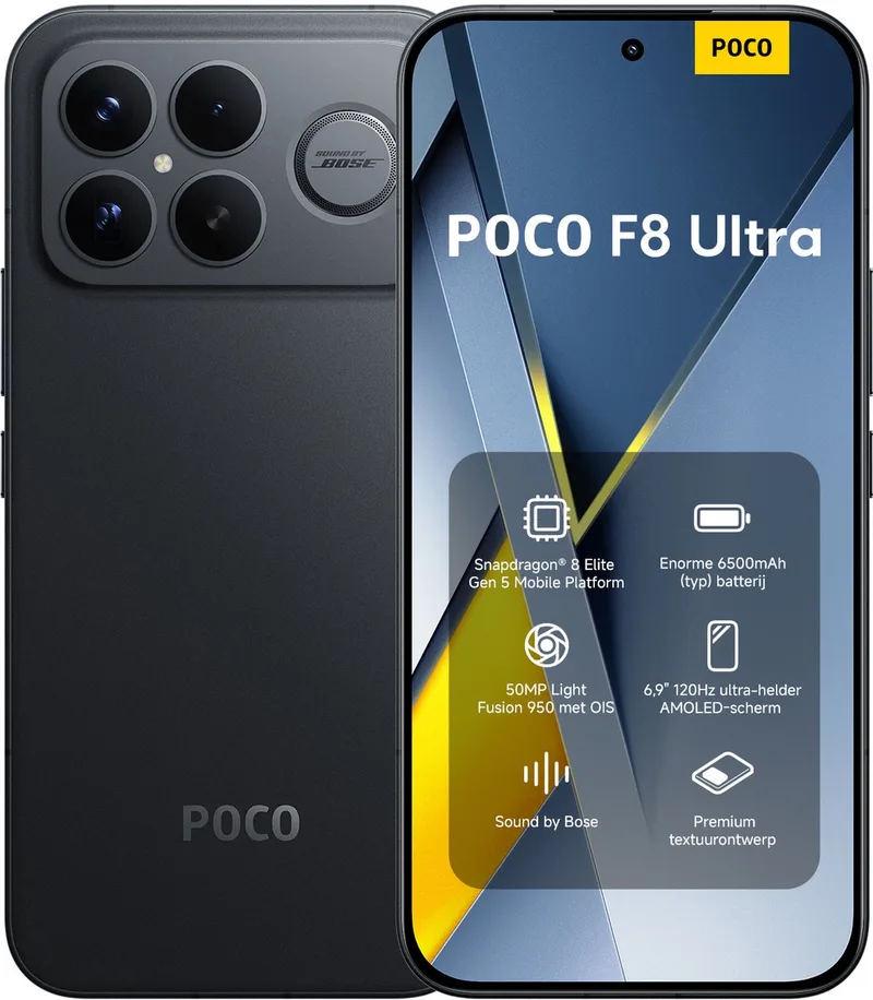 POCO F8 Ultra - 12 GB RAM - 256 GB - 50 MP Light Fusion 950 met OIS - Snapdragon® 8 Elite Gen 5 Mobile Platform - Enorme 6500 mAh (typ) batterij by Xiaomi in Black – product photo