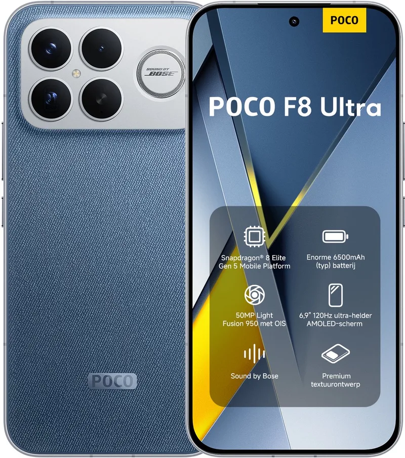 POCO F8 Ultra - 12 GB RAM - 256 GB - 50 MP Light Fusion 950 met OIS - Snapdragon® 8 Elite Gen 5 Mobile Platform - Enorme 6500 mAh (typ) batterij by Xiaomi in Blue – product photo