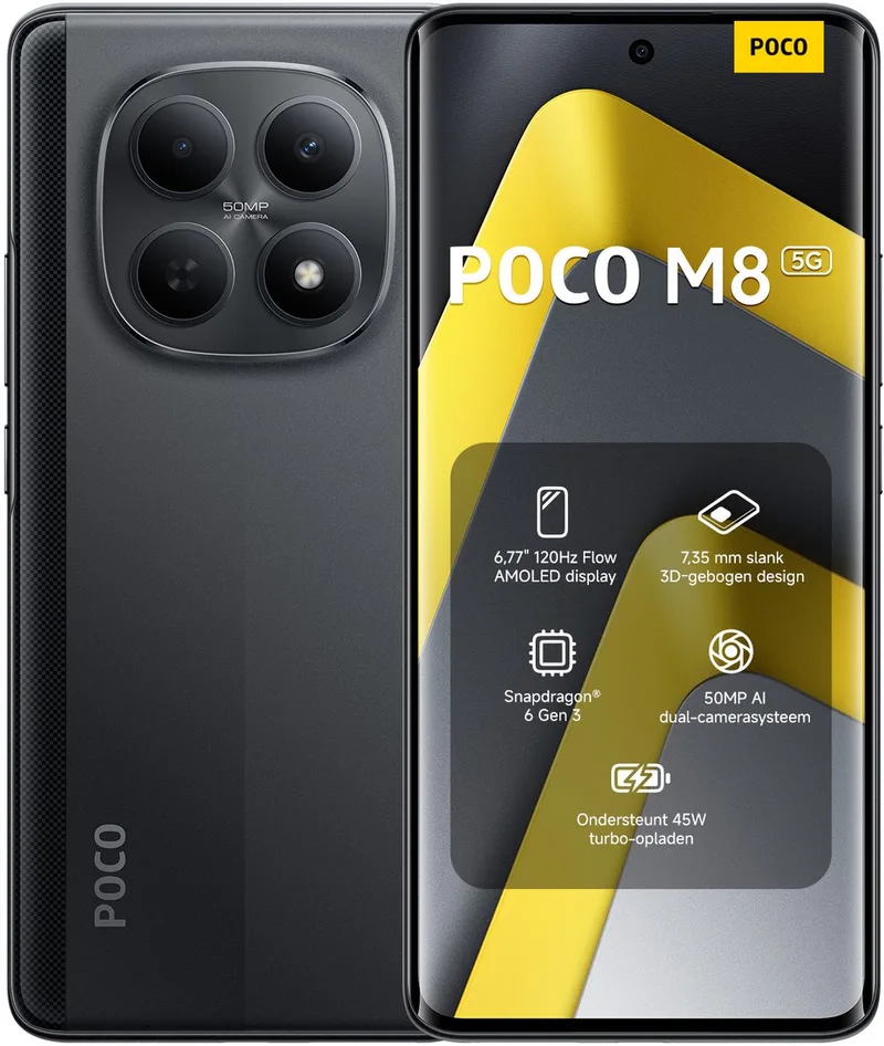POCO M8 5G - 8 GB RAM - 256 GB - 6,77" 120Hz Flow AMOLED display - Slank 7,35 mm 3D-gebogen design - Snapdragon® 6 Gen 3 by Xiaomi in Black – product photo