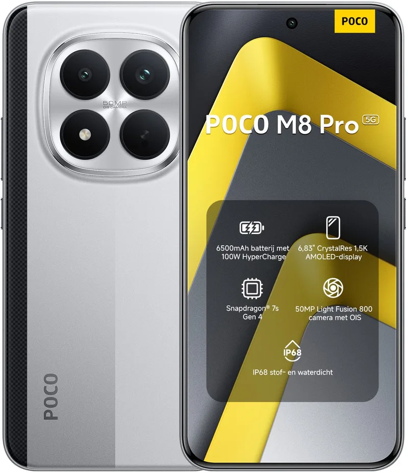 POCO M8 Pro 5G - 12 GB RAM - 512 GB - Enorme 6500mAh (typ) batterij - 6,83" CrystalRes 1,5K AMOLED display - Snapdragon® 7s Gen 4 van Xiaomi in Zilver – productfoto