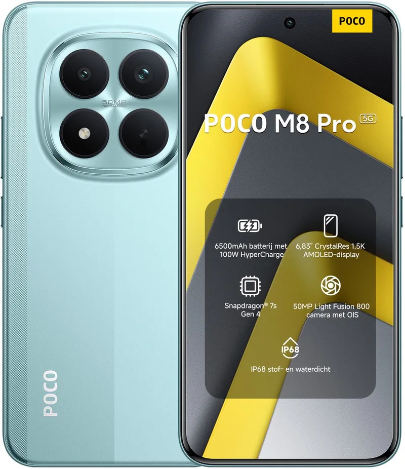 POCO M8 Pro 5G - 12 GB RAM - 512 GB - Enorme 6500mAh (typ) batterij - 6,83" CrystalRes 1,5K AMOLED display - Snapdragon® 7s Gen 4 van Xiaomi in Groen – productfoto