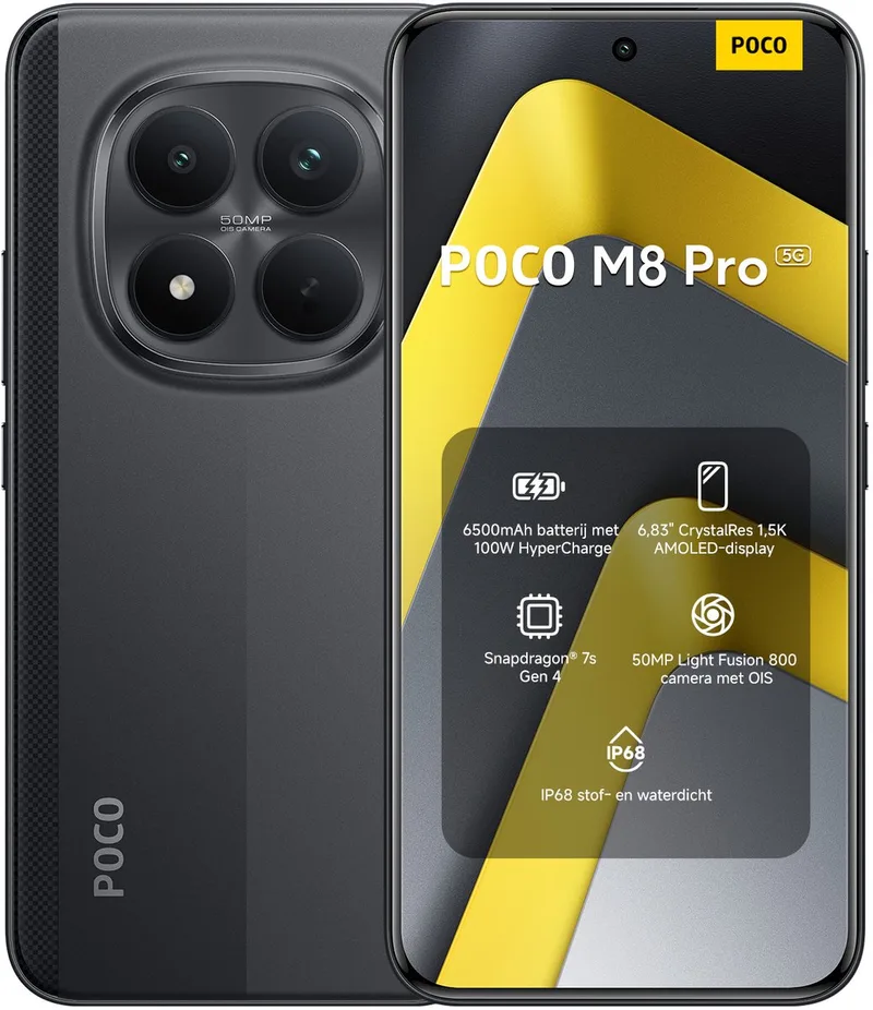 POCO M8 Pro 5G - 8 GB RAM - 256 GB - Enorme 6500mAh (typ) batterij - 6,83" CrystalRes 1,5K AMOLED display - Snapdragon® 7s Gen 4 de Xiaomi en Noir – photo produit