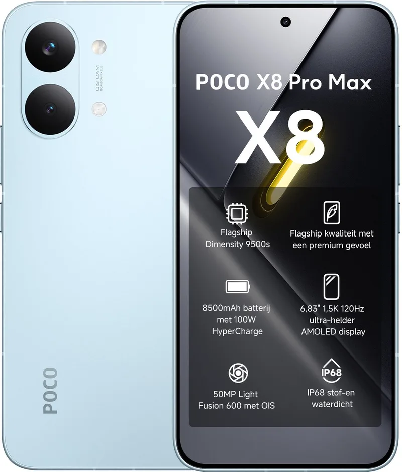 POCO X8 Pro Max - 12 GB RAM - 256 GB - Flagship Dimensity 9500s - 8500mAh batterij met 100W HyperCharge - 6,83" 1,5K 120Hz ultra-helder AMOLED display by Xiaomi in Blue – product photo