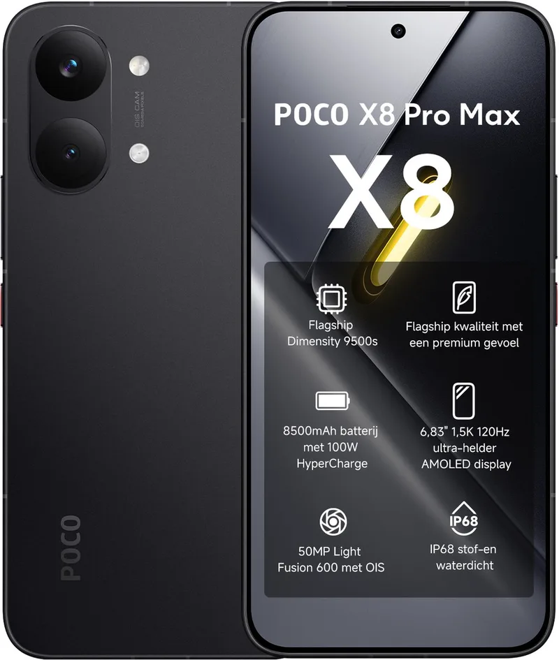POCO X8 Pro Max - 12 GB RAM - 512 GB - Flagship Dimensity 9500s - 8500mAh batterij met 100W HyperCharge - 6,83" 1,5K 120Hz ultra-helder AMOLED display de Xiaomi en Noir – photo produit