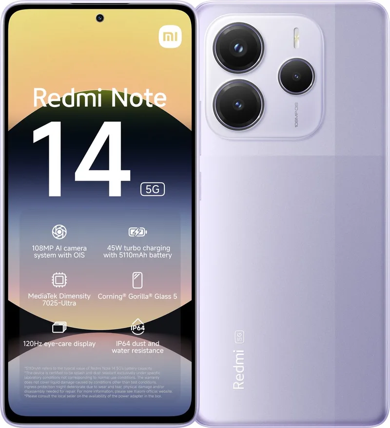 Redmi Note 14 - 5G - 8GB/256GB - Lavender van Xiaomi in Paars – productfoto