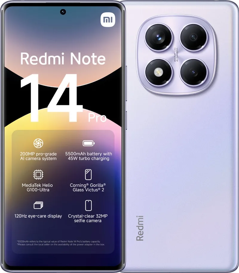 Redmi Note 14 Pro - 8GB/256GB - Aurora från Xiaomi i Lila – produktbild