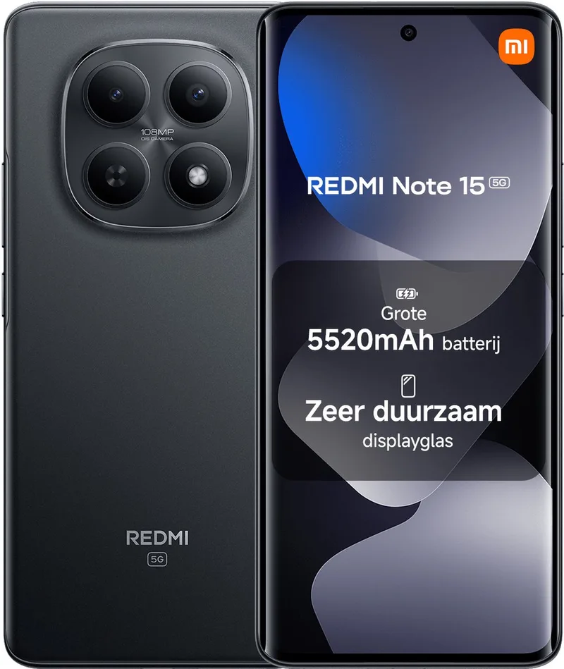 REDMI Note 15 5G - 6 GB RAM - 128 GB - 5520 mAh batterij met slank ontwerp - Robuust schermglas - IP65 stof- en waterbestendig by Xiaomi in Black – product photo