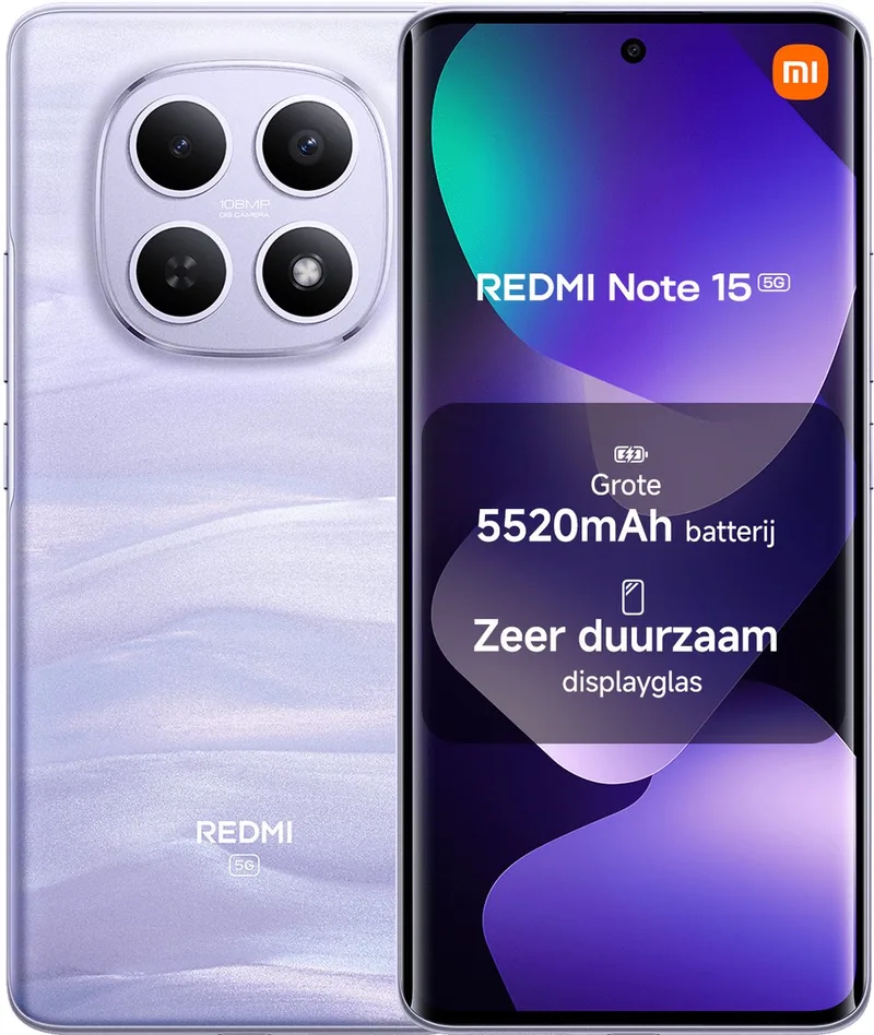 REDMI Note 15 5G - 8 GB RAM - 256 GB - 5520 mAh batterij met slank ontwerp - Robuust schermglas - IP65 stof- en waterbestendig från Xiaomi i Lila – produktbild