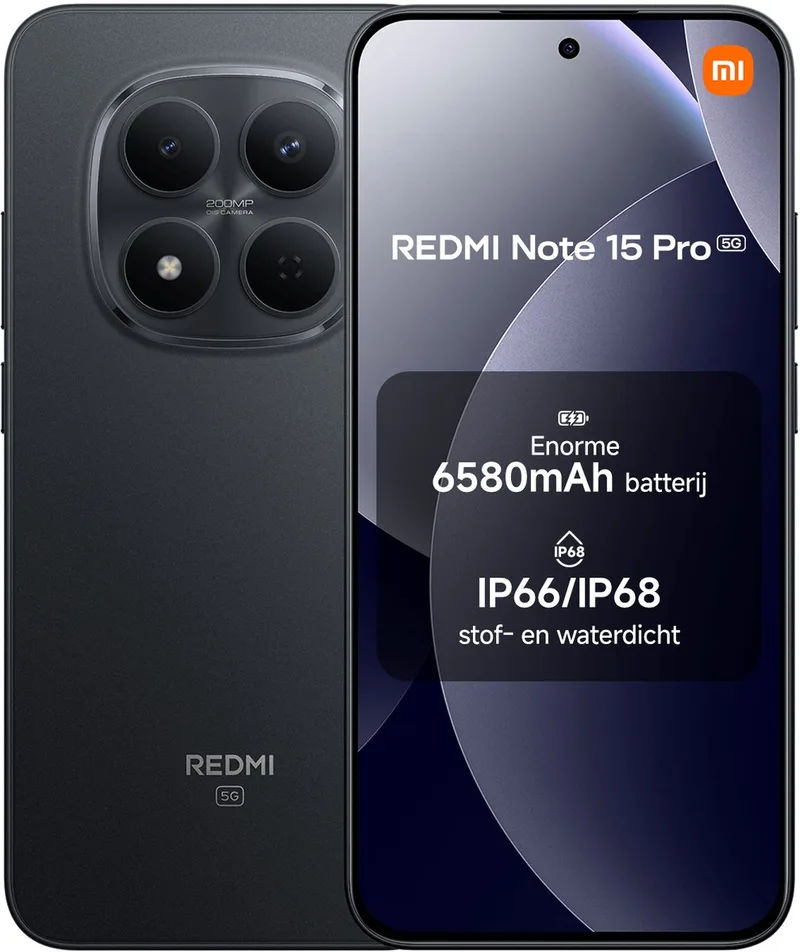 REDMI Note 15 Pro 5G - 8 GB RAM - 512 GB - Enorme 6580mAh batterij - Nieuwe 200MP camera met ultieme scherpte - Corning® Gorilla® Glass Victus® 2 van Xiaomi in Zwart – productfoto