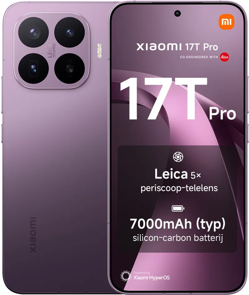 Xiaomi 17T Pro - 12GB RAM - 256GB - Leica 5x Telephoto - Leica Live Moment - 7000mAh (typ) silicon-carbon batterij van Xiaomi in Donker paars – productfoto